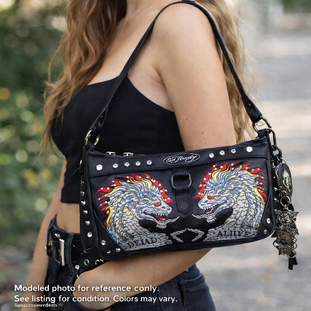 Ed Hardy NWT Y2K Embroidered Dragon Shoulder Baguette Bag Studded Purse